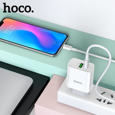 мережевий зарядний пристрій hoco c80a 1usb/18w/qc3.0 + 1type-c/20w/pd + (type-c - type-c) (білий) 
