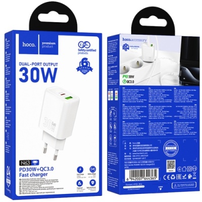 мережевий зарядний пристрій hoco n63 1usb/18w/qc3.0 + 1type-c/30w/pd (білий) 