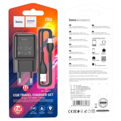 мережевий зарядний пристрій hoco c96a 1usb/2.1a + (usb - type-c) (чорний) 