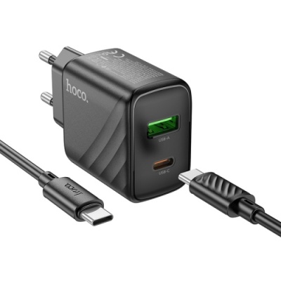 мережевий зарядний пристрій hoco cs23a 1usb/18w/qc3.0 + 1type-c/30w/pd + (type-c - type-c) (чорний) 