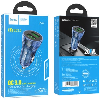 Автомобільний Зарядний Пристрій Hoco Z47 Transparent 2USB/20W/QC3.0 (Прозорий синій)