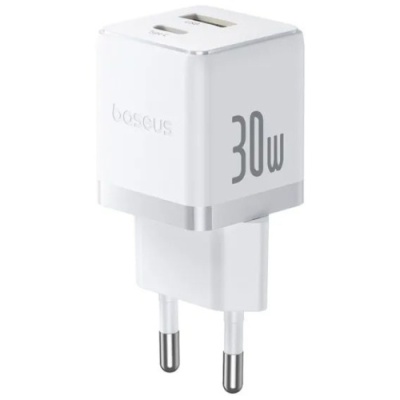 мережевий зарядний пристрій baseus palm fast charger (p1011160a213-01) 1usb/qc3.0 + 1type-c/pd 30w + (type-c - type-c 60w) (білий) 