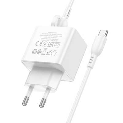 мережевий зарядний пристрій borofone bas12a 1usb/18w/qc3.0 + (usb - type-c) (білий) 