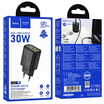 мережевий зарядний пристрій hoco n63 1usb/18w/qc3.0 + 1type-c/30w/pd (чорний) 