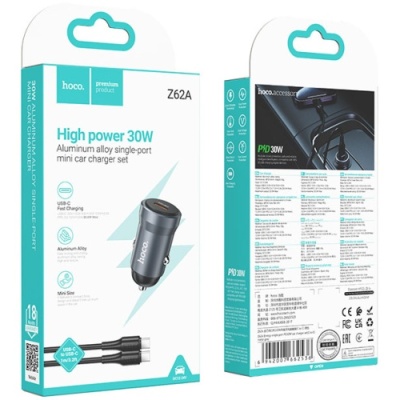 Автомобільний Зарядний Пристрій Hoco Z62A 1Type-C/30W/PD + (Type-C - Type-C) (Сірий)