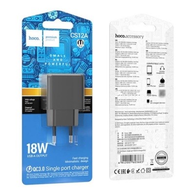 мережевий зарядний пристрій hoco cs12a 1usb/18w/qc3.0 (чорний) 