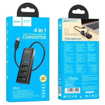 usb hub hoco hb25 easy mix 4-in-1 converter (type-c to usb3.0+usb2.0*3) (чорний) 
