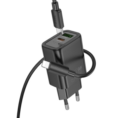 мережевий зарядний пристрій hoco n63 1usb/18w/qc3.0 + 1type-c/30w/pd + (type-c - lightning) (чорний) 