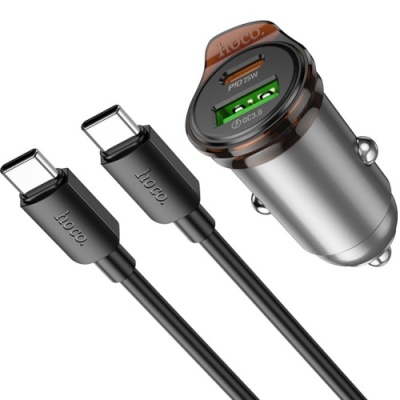 Автомобільний Зарядний Пристрій Hoco NZ16A PD25W+QC3.0 (1USB/1Type-C) + (Type-C - Type-C) (сірий)