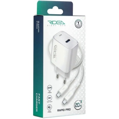 мережевий зарядний пристрій ridea rw-20124 rapid pro 1usb-c qc/pd 20w+type-c to type-c (бiлий) 