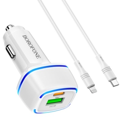 Автомобільний Зарядний Пристрій Borofone BZ14A 1USB/18W/QC3.0 + 1Type-C/20W/PD + (Type-C - Lightning) (Білий)