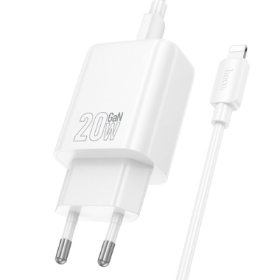 мережевий зарядний пристрій hoco n61 1usb/18w/qc3.0 + 1type-c/20w/pd + (type-c - lightning) (білий) 