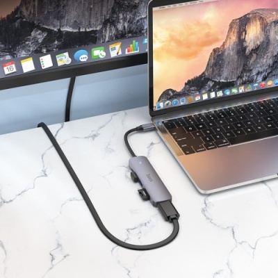 usb hub hoco hb28 type-c multi-function converter (hdtv+usb3.0+usb2.0+sd+tf+pd) (металево-сірий) 