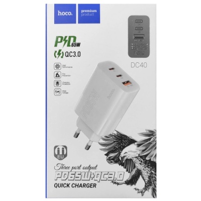 мережевий зарядний пристрій hoco dc40 1usb/18w/qc3.0 + 2type-c/65w/pd (білий) 