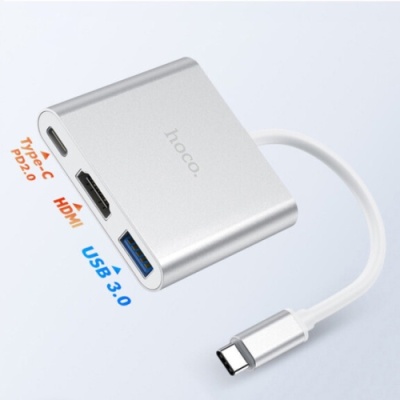 usb hub hoco hb14 type-c to usb3.0+hdmi+pd (сірий) 
