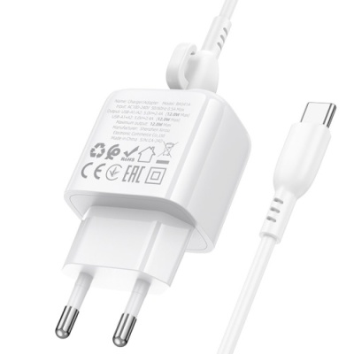 мережевий зарядний пристрій borofone bas41a 2usb/12w/2.4a + (usb - type-c) (білий) 