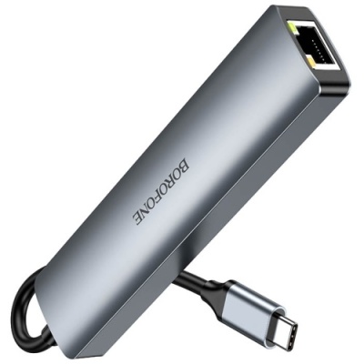 usb hub borofone dh16 6-в-1 type-c to hdmi+pd+usb3.0+usb2.0*2+rj45(l=0.15m) (сірий) 