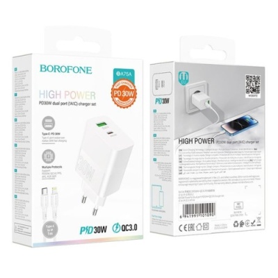 мережевий зарядний пристрій borofone ba75a powerfull 1usb/18w/qc3.0 + 1type-c/30w/pd + (type-c - lightning) (бiлий) 