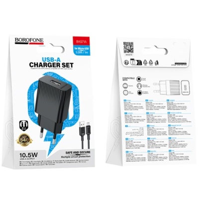мережевий зарядний пристрій borofone bas71a 1usb/2.1a + (usb - microusb) (чорний) 