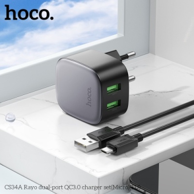 мережевий зарядний пристрій hoco cs34a 2usb/18w/qc3.0 + (usb - microusb) (чорний) 
