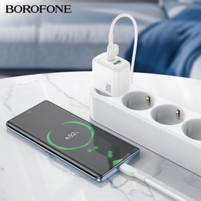 мережевий зарядний пристрій borofone bas45a 1usb/18w/qc3.0 + 1type-c/30w/pd + (type-c - type-c) (білий) 