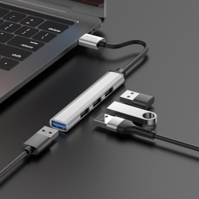 usb hub hoco hb26 4-in-1 adapter (usb to usb3.0+usb2.0*3) (сріблястий) 