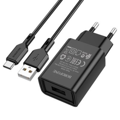 мережевий зарядний пристрій borofone ba68a 1usb/2.1a + (usb - type-c) (чорний) 