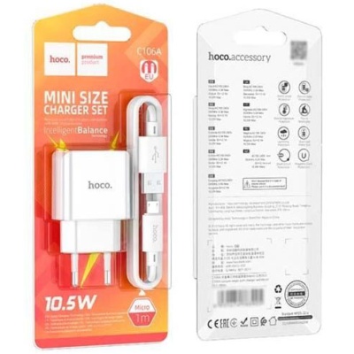 мережевий зарядний пристрій hoco c106a leisure 1usb/2.1a/10.5w + (usb - microusb) (білий) 