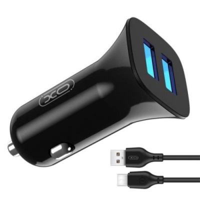 Автомобільний Зарядний Пристрій XO TZ10 2USB/2.4A + (USB - Type-C) (Чорний)