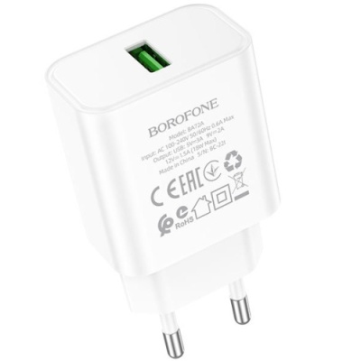 мережевий зарядний пристрій borofone ba72a spring 1usb/18w/qc3.0 (білий) 