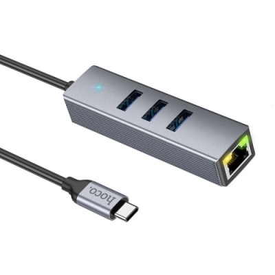 usb hub hoco hb34 type-c easy link gigabit network adapter (type-c to usb3.0*3+rj45) 0,15m metal grey 