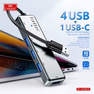 usb hub earldom et-hub12 usb to 4xusb2.0 + usb-c (чорний) 
