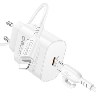 мережевий зарядний пристрій borofone ba82a power 1type-c/25w/pd + (type-c - lightning) (білий) 