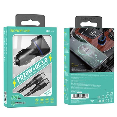 Автомобільний Зарядний Пристрій Borofone BZ14A 1USB/18W/QC3.0 + 1Type-C/20W/PD + (Type-C - Type-C) (Чорний)