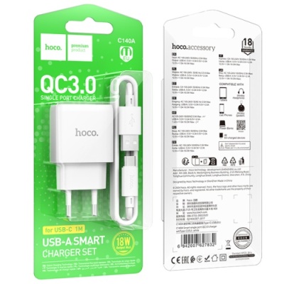 мережевий зарядний пристрій hoco c140a 1usb/18w/qc3.0 + (usb - type-c) (білий) 