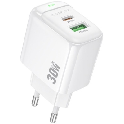 мережевий зарядний пристрій borofone bas45a 1usb/18w/qc3.0 + 1type-c/30w/pd (білий) 
