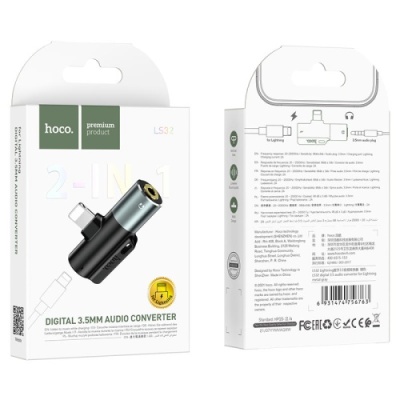перехідник hoco ls32 lightning charge - lightning  audio + jack 3.5 (чорний) 