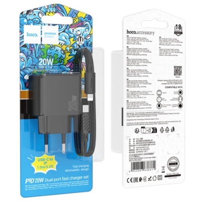 мережевий зарядний пристрій hoco cs16a 1lightning + 1type-c/20w/pd + (type-c - lightning) (чорний) 