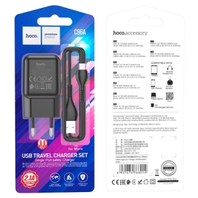 мережевий зарядний пристрій hoco c96a 1usb/2.1a + (usb - microusb) (чорний) 