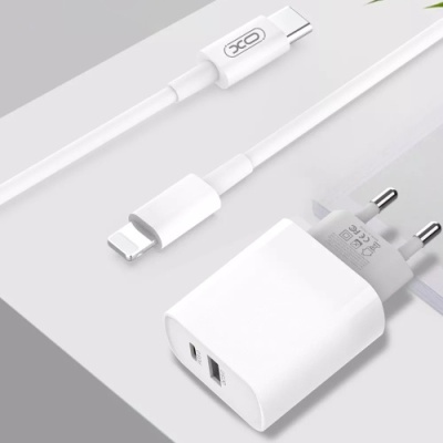 мережевий зарядний пристрій xo l64 1usb/18w/qc3.0 + 1type-c/20w/pd + (type-c - lightning) (бiлий) 