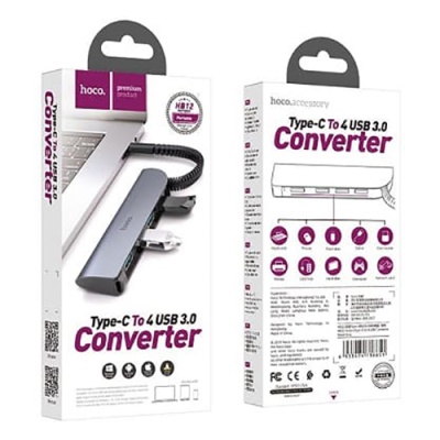 usb hub hoco hb12 type-c to 4 usb (сірий) 