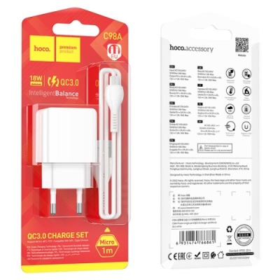 мережевий зарядний пристрій hoco c98a 1usb/18w/qc3.0 + (usb - microusb) (білий) 