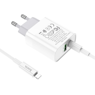 мережевий зарядний пристрій hoco c80a 1usb/18w/qc3.0 + 1type-c/20w/pd + (type-c - lightning) (білий) 