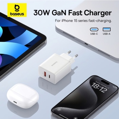 мережевий зарядний пристрій baseus cube fast charger (p10111404213-00) 1usb/18w/qc3.0 + 1type-c/30w/pd (білий) 