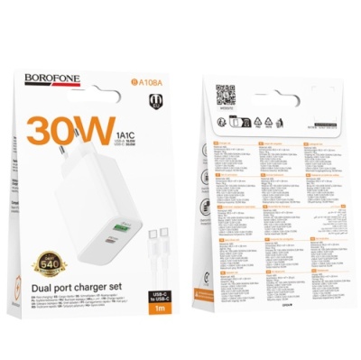 мережевий зарядний пристрій borofone ba108a 1usb/18w/qc3.0 + 1type-c/30w/pd + (type-c - type-c) (білий) 