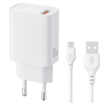 мережевий зарядний пристрій xo l159 1usb/18w/qc3.0 + (usb - microusb) (бiлий) 