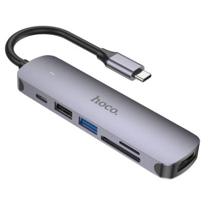 usb hub hoco hb28 type-c multi-function converter (hdtv+usb3.0+usb2.0+sd+tf+pd) (металево-сірий) 