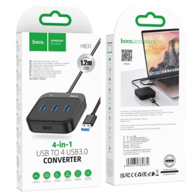 usb hub hoco hb31 easy 4-in-1 converter (usb to usb3.0*4) 1,2m. black 