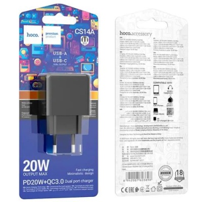 мережевий зарядний пристрій hoco cs14a 1usb/18w/qc3.0 + 1type-c/20w/pd (чорний) 