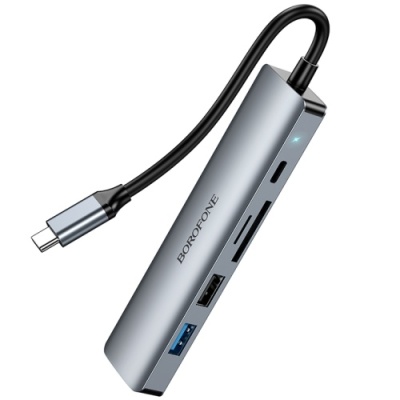 usb hub borofone dh15 6-in-1 type-c to hdmi+pd+usb3.0+usb2.0+sd+tf(l=0.15m) (сiрий) 